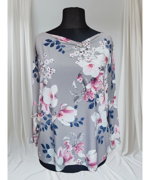 Popielata bluzka z rękawem 3/4 kimono - białe magnolie